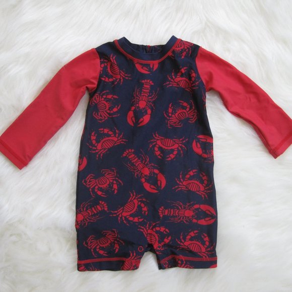 Hatley Baby Rash Guard Wet Swimsuit Size 6-9M Blue Red Crabs Lobsters EUC Unisex - Picture 1 of 6